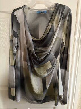Vera Wang Gray and Olive Sheer Geometric Draped Top